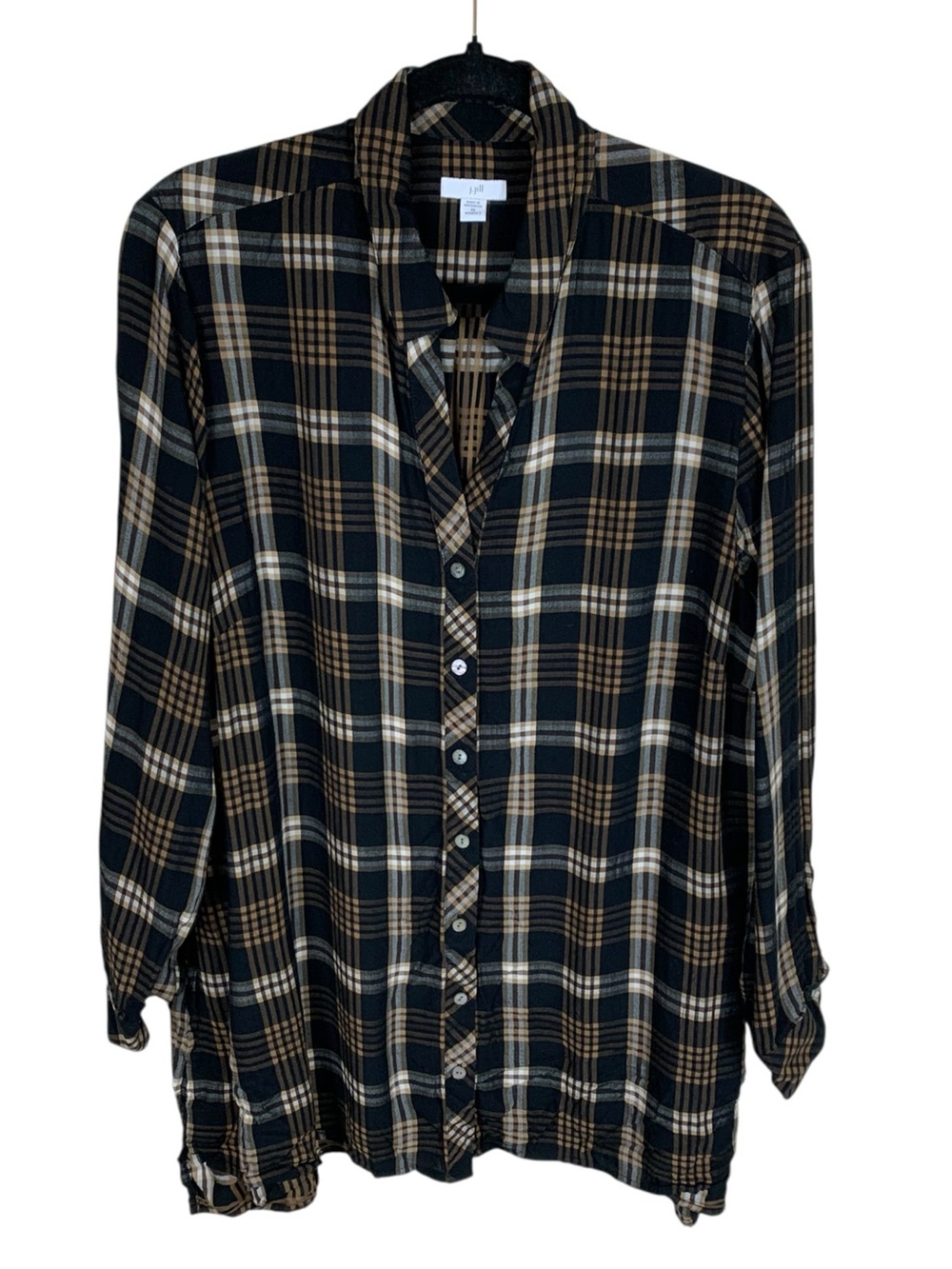 Women's J. Jill Black Brown Plaid Long Sleeve V-Neck Button Up Tunic Top Size 2X